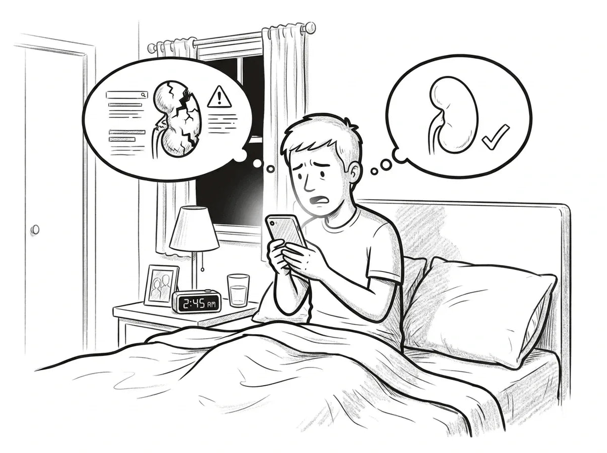 Persona buscando en el celular de madrugada, preocupada por sus riñones