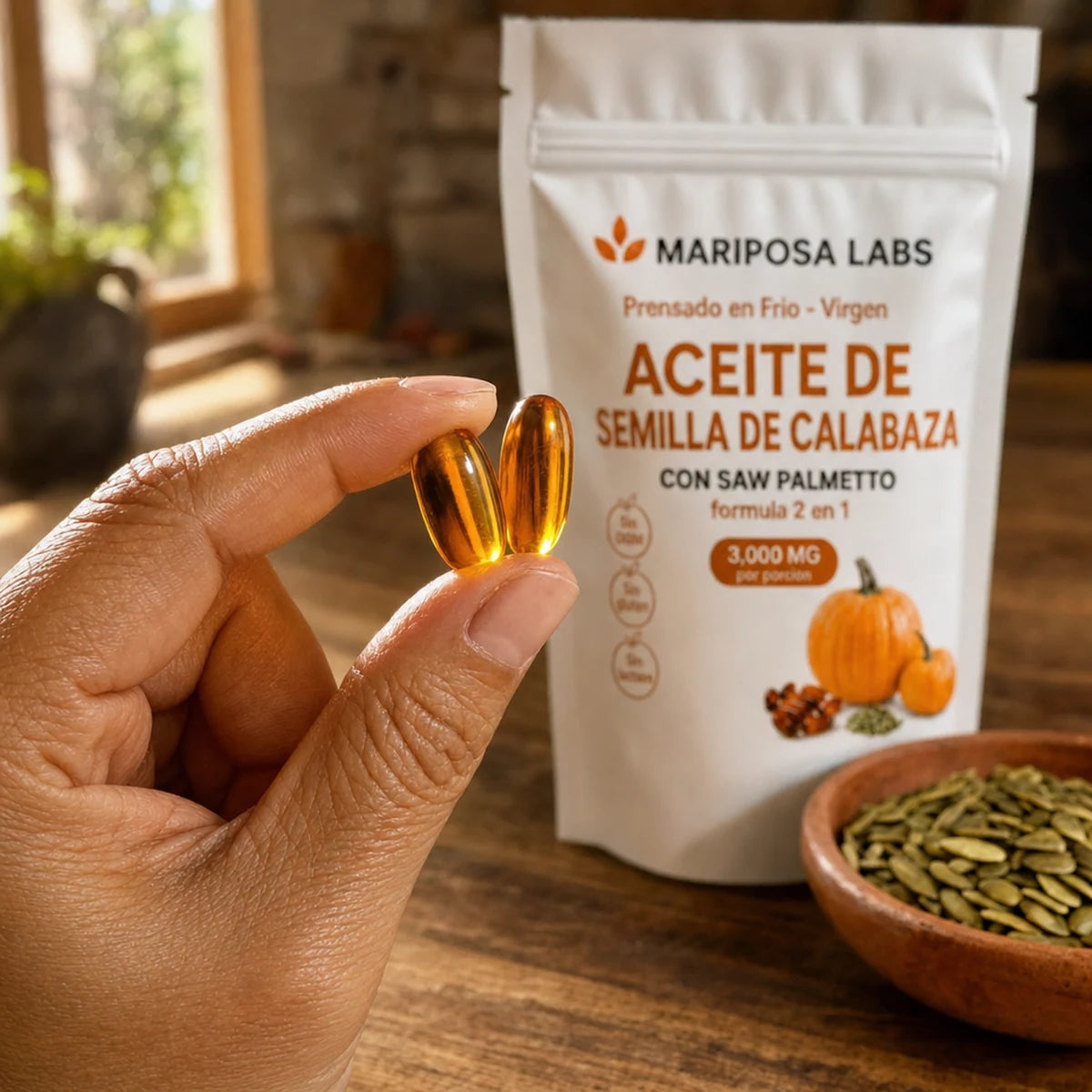 Cápsulas blandas de aceite de semilla de calabaza en la mano