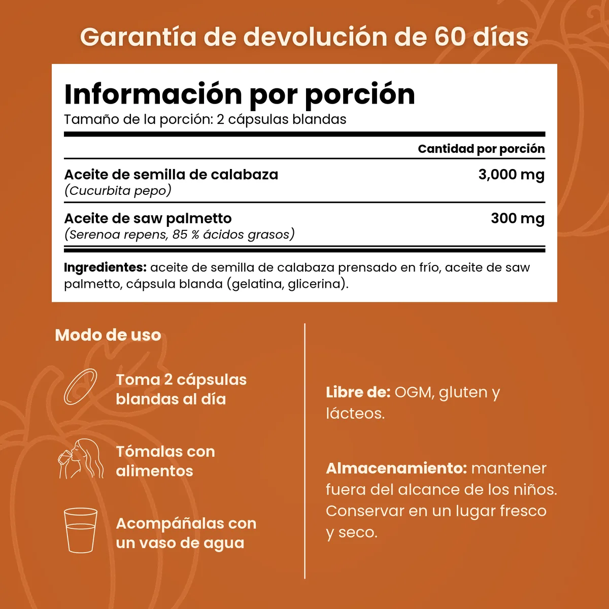 Información nutrimental, modo de uso y garantía