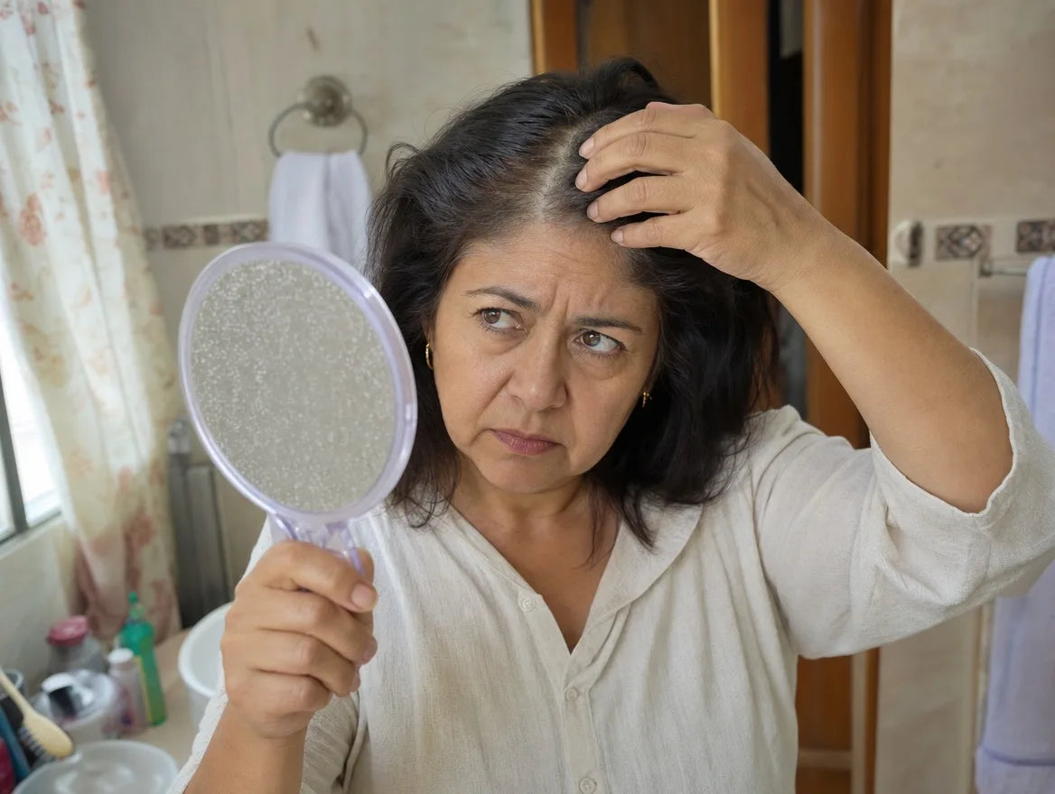 Mujer revisando su cabello frente al espejo