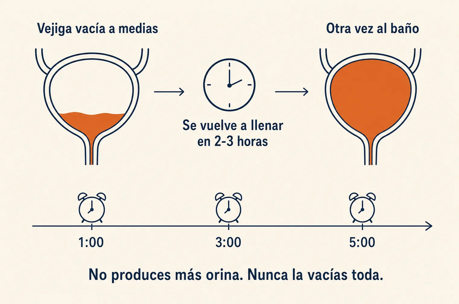 Una vejiga que se vacía a la mitad se vuelve a llenar en 2-3 horas