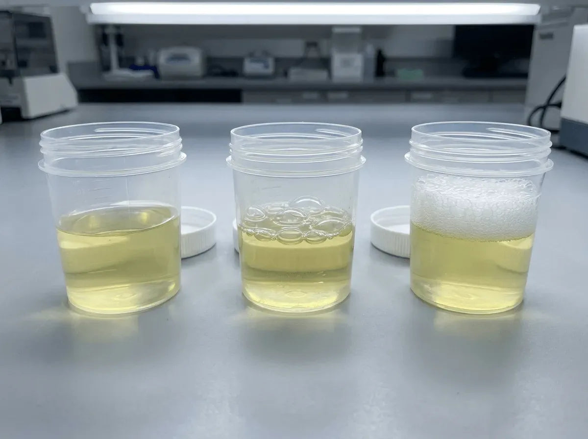 Tres muestras de orina: sin espuma, con burbujas y con espuma persistente
