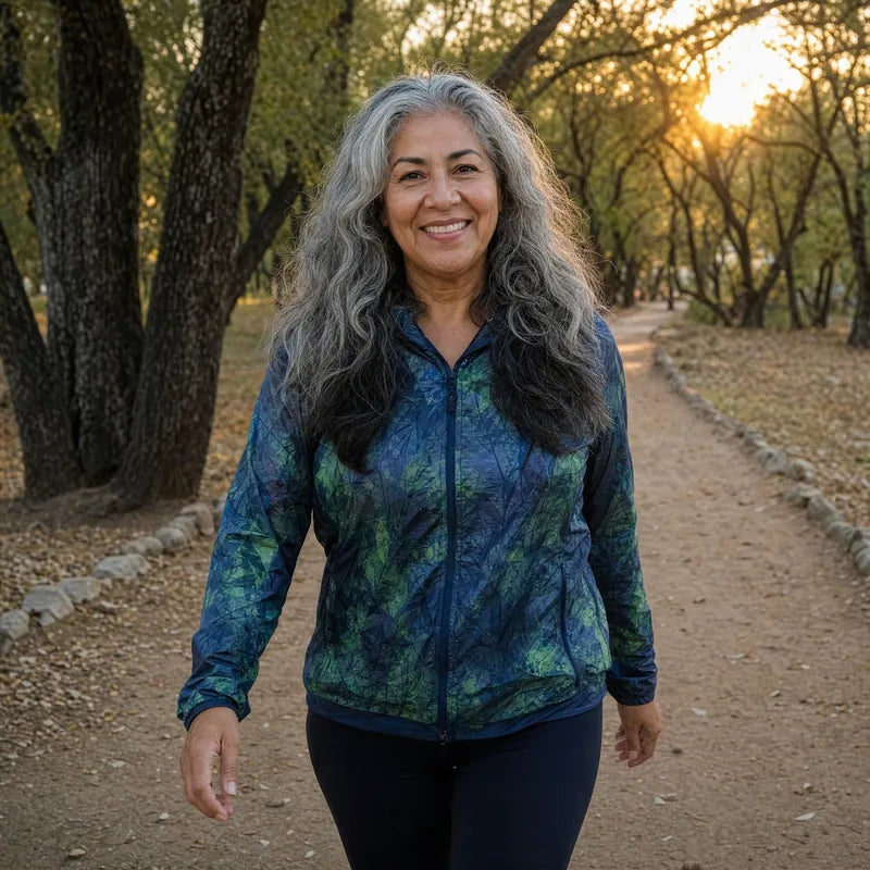 Mujer mexicana de cabello plateado y abundante caminando por un sendero