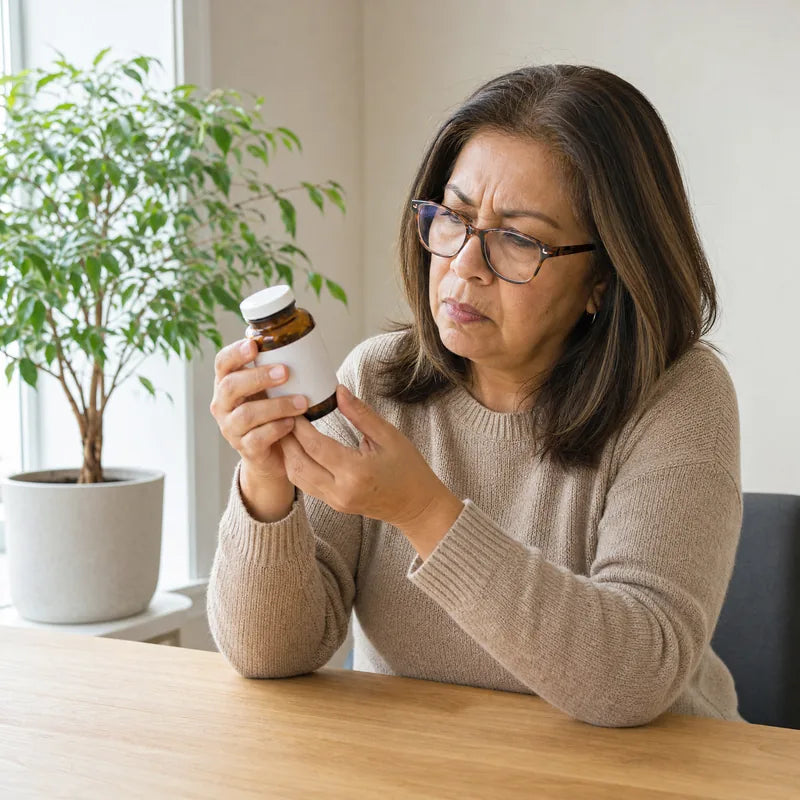 Mujer leyendo con desconfianza la etiqueta de un frasco de suplemento genérico