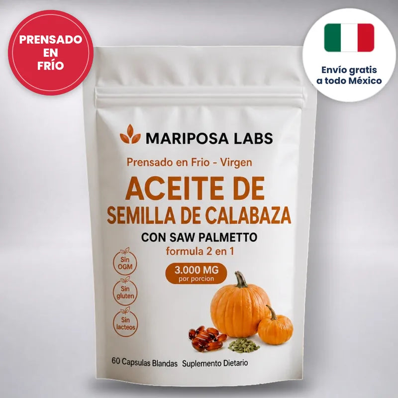 Bolsa del Aceite de Semilla de Calabaza de Mariposa Labs con las insignias Prensado en frío y Envío gratis a todo México