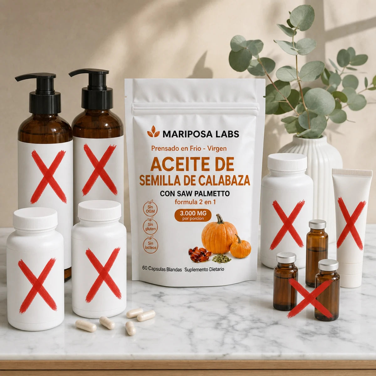 La bolsa de Mariposa Labs frente a champús, frascos y pastillas tachados