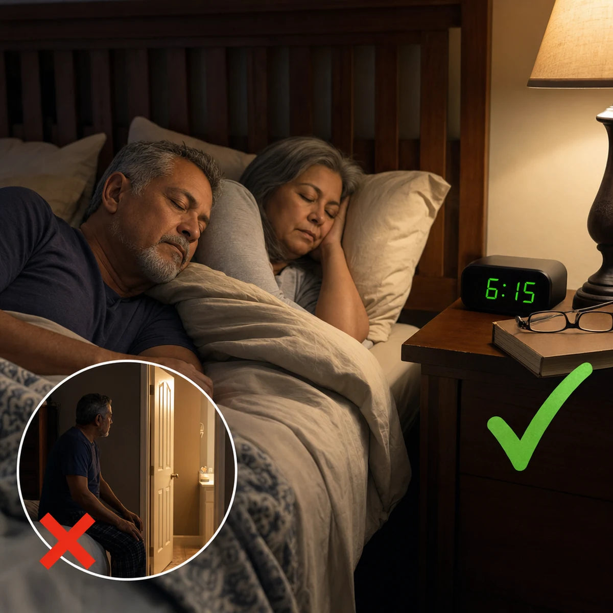 Pareja durmiendo de corrido, reloj a las 6:15