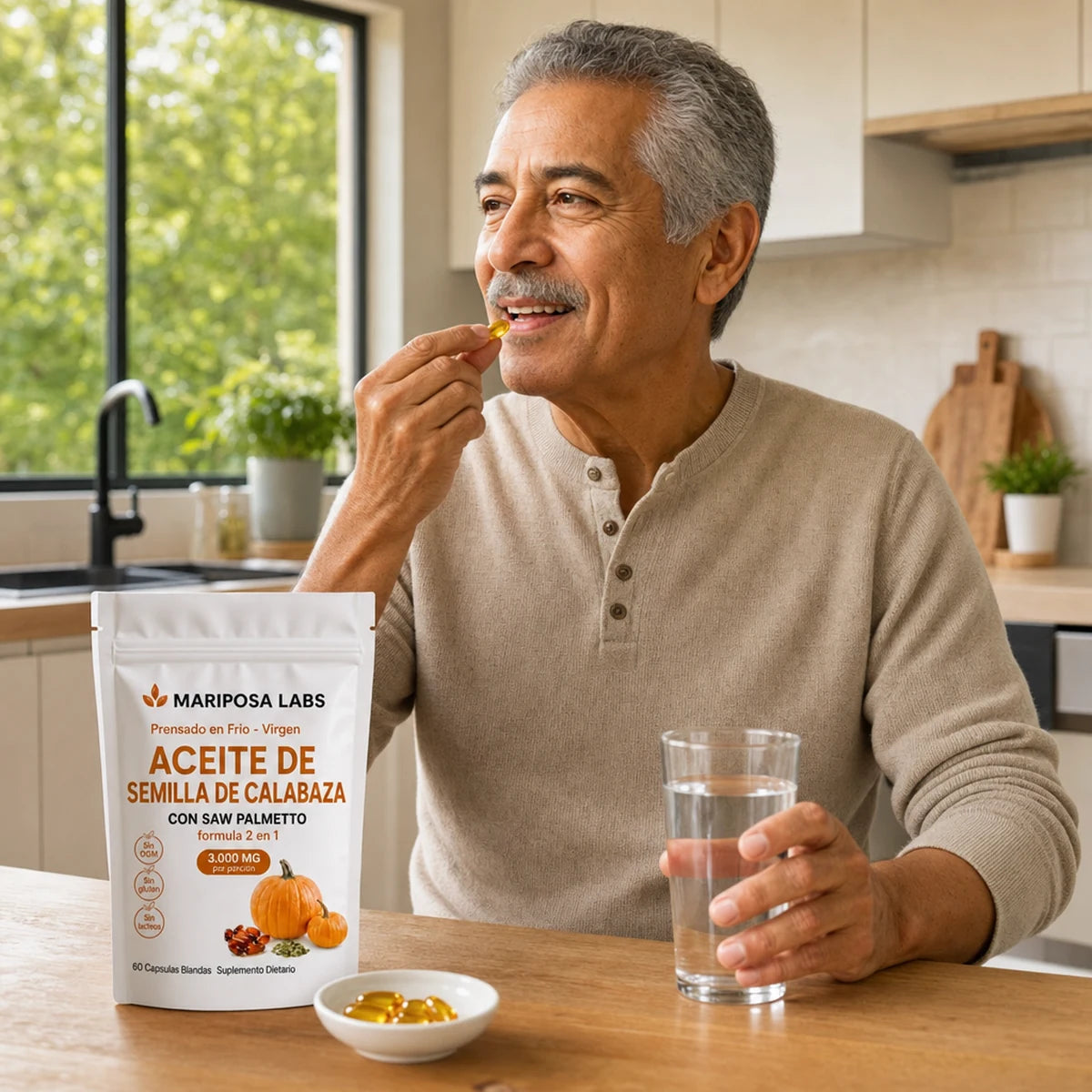 Hombre tomando dos cápsulas blandas con el desayuno