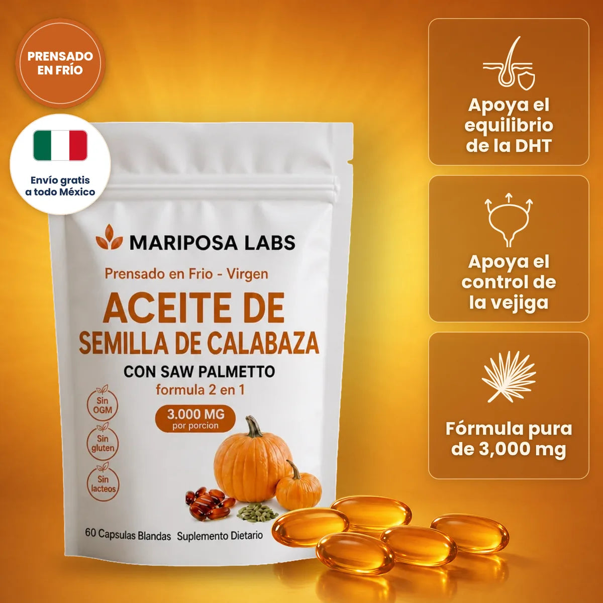 Aceite de Semilla de Calabaza con Saw Palmetto de Mariposa Labs, 3,000 mg