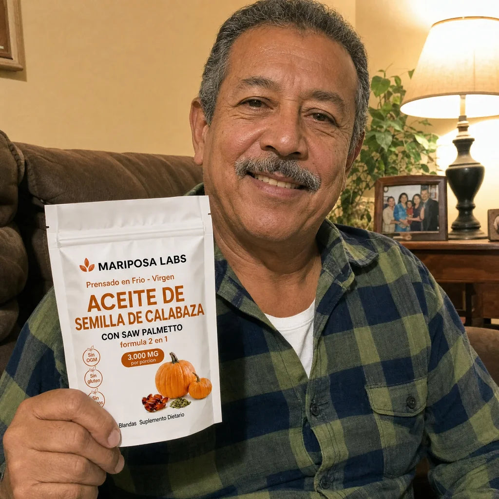 Cliente de Mariposa Labs con su paquete de Aceite de Semilla de Calabaza